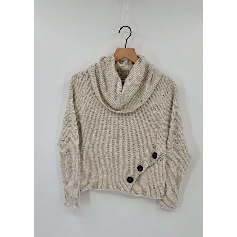 Cowl Neck Sweater Button Detail Speckled Oatmeal XS Cozy Cottagecore Granola